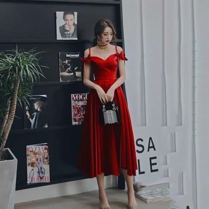 Satin Prom Dress, Off Shoulder Midi Dress, Red..
