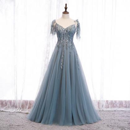 Blue Evening Dress, V-neck, Long Fairy High..