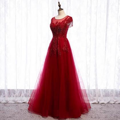 Red, Long Style Elegant Prom Dress, Cap Sleeve..