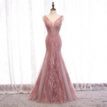 Pink Evening Dress, V-neck, Long Mermaid Party..