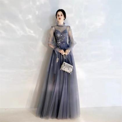 High Neck Evening Gown, Long Sleeve Socialite Prom..
