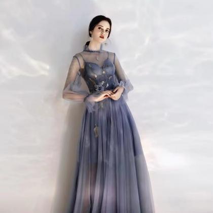High Neck Evening Gown, Long Sleeve Socialite Prom..