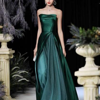 Green Temperament Evening Dress, Satin Long..
