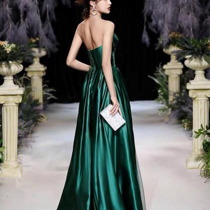 Green Temperament Evening Dress, Satin Long..