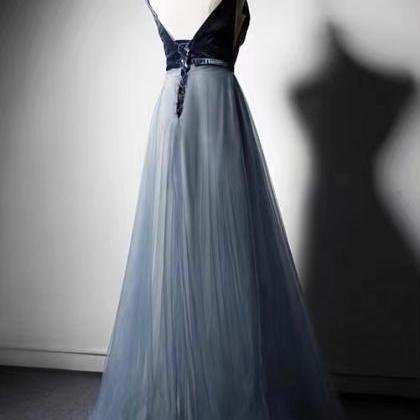 Blue V-neck Prom Dress, Princess Evening Dress,..