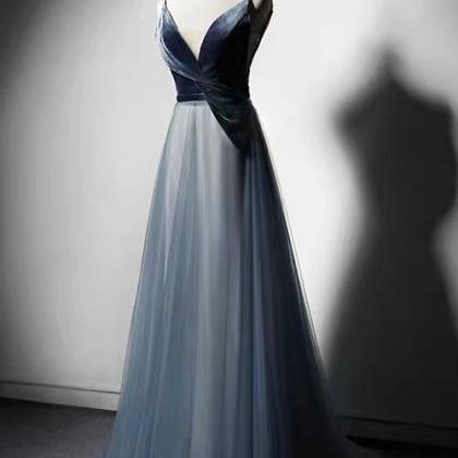 Blue V-neck Prom Dress, Princess Evening Dress,..