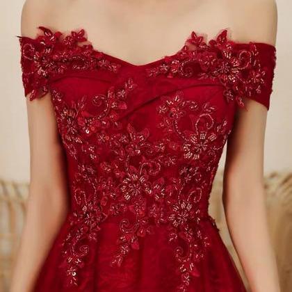 Off Shoulder Evening Dress, Charming Red Prom..