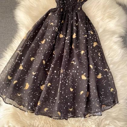 Vintage, Square Collar, Printed Dress