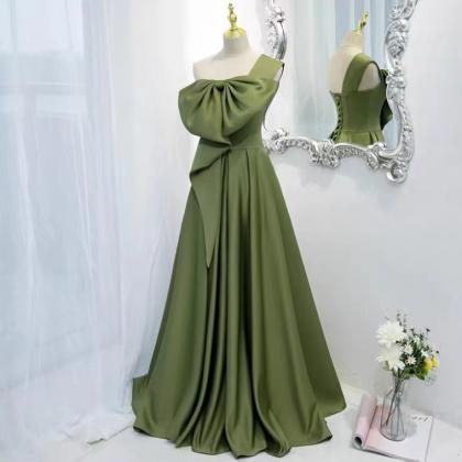 One Shoulder Evening Dress, Green Bowknot Prom..