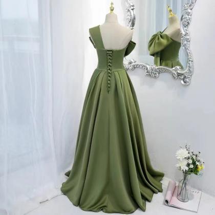One Shoulder Evening Dress, Green Bowknot Prom..
