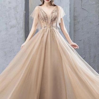 V Neck Evening Dress, Golden Elegant Party..