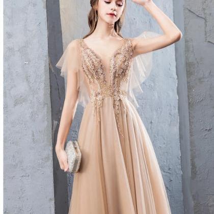 V Neck Evening Dress, Golden Elegant Party..