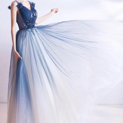Star Blue Party Dress, V-neck Prom Dress,custom..