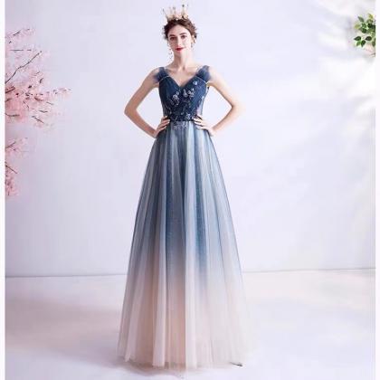 Star Blue Party Dress, V-neck Prom Dress,custom..