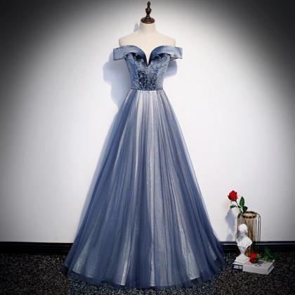 Blue Evening Dress, Temperament Off Shoulder Prom..