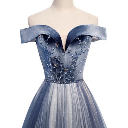 Blue Evening Dress, Temperament Off Shoulder Prom..