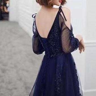 Blue Prom Dress, Queen Sexy Evening Dress,v-neck..