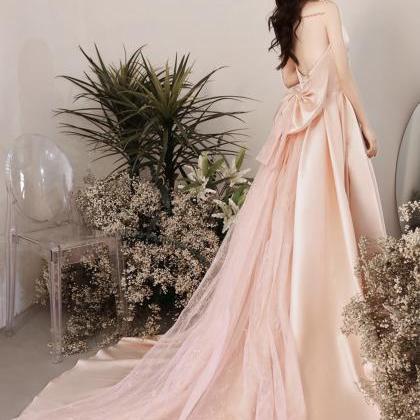 Pink Strapless Bridal Dress , Light Luxury Drag..