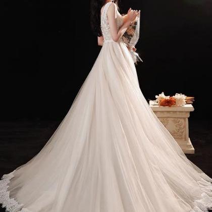 V-neck Bridal Dress, Romantic Trailing Wedding..