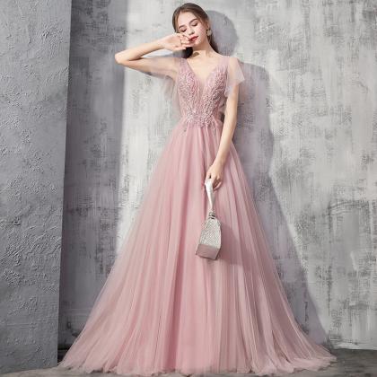 Elegant Evening Dress, V-neck Prom Dress, Pink..