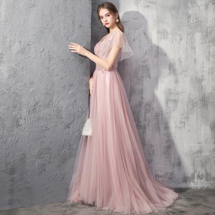 Elegant Evening Dress, V-neck Prom Dress, Pink..