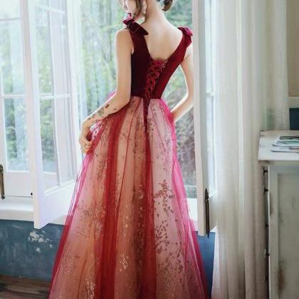 V-neck Evening Dress, Dreamy Fairy Burgundy Prom..