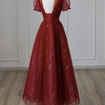 Princess Party Dress, V-neck Prom Dress,class Red..