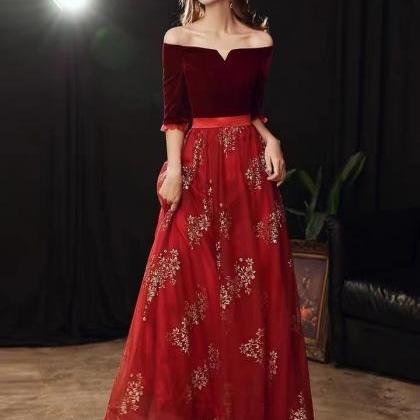 Velvet Dress,off Shoulder Elegant Dress, Red Dress..