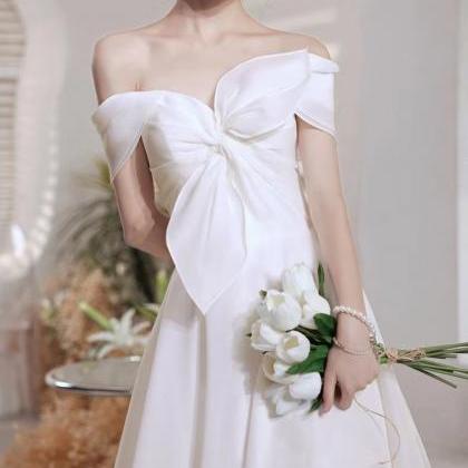 Satin White Prom Gown, Off Shoulder Elegant..