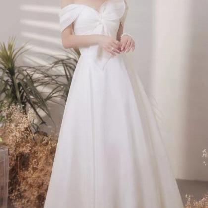 Satin White Prom Gown, Off Shoulder Elegant..