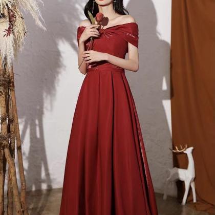 Burgundy Prom Gown, Satin Class Gown, Off Shoulder..