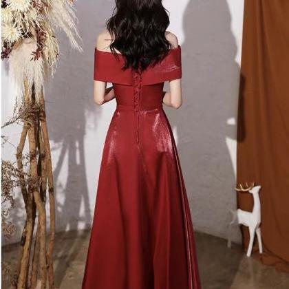 Burgundy Prom Gown, Satin Class Gown, Off Shoulder..