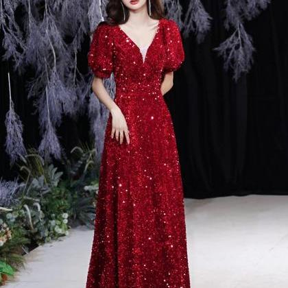 Red Prom Dress, Sequin ,v-neck Party Dress,custom..