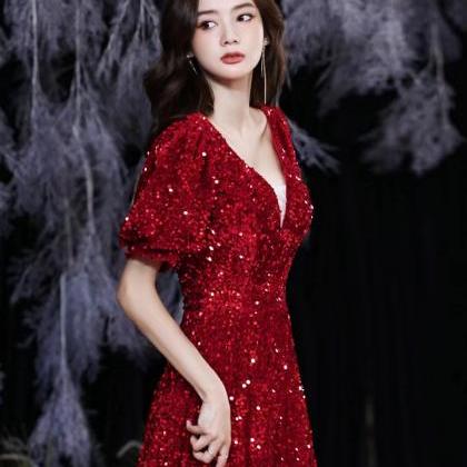 Red Prom Dress, Sequin ,v-neck Party Dress,custom..