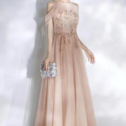 Blush Pink Prom Dress, Halter Neck Party..