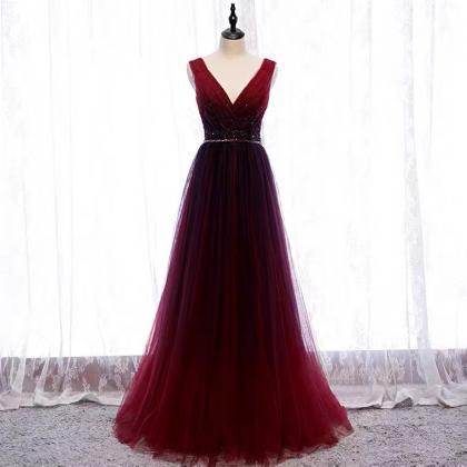 Red Long Prom Dress, V-collar Temperament Evening..