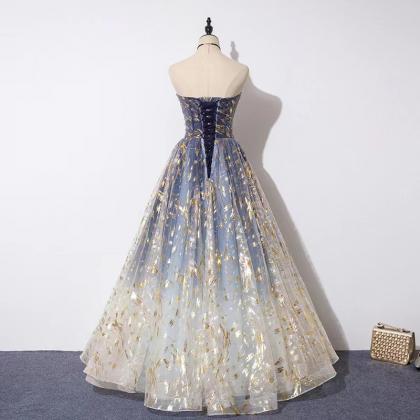 Strapless Prom Dress, Blue Pompous Dress, Fashion..