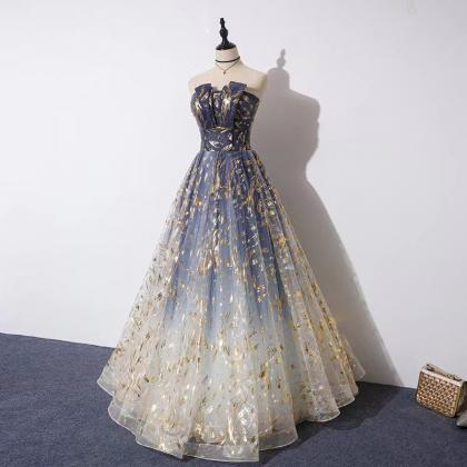 Strapless Prom Dress, Blue Pompous Dress, Fashion..