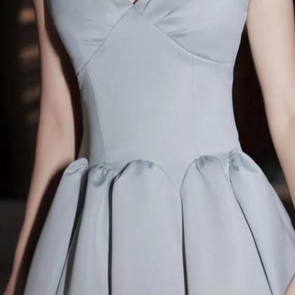Gray-blue Satin Dress, Strapless Prom Dress, Super..