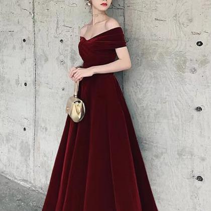 Velvet Prom Dress,burgundy Dress, Off Shoulder..