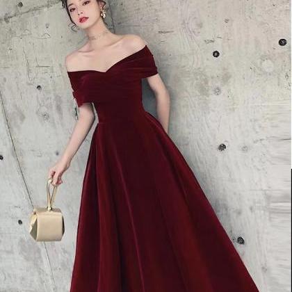 Velvet Prom Dress,burgundy Dress, Off Shoulder..