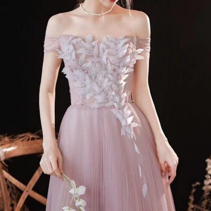Pink Prom Dress, Off-shoulder Flower Fairy Party..