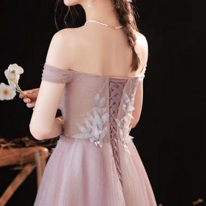 Pink Prom Dress, Off-shoulder Flower Fairy Party..