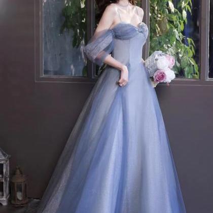 Light Blue Prom Dress, Beaded Off Shoulder Party..