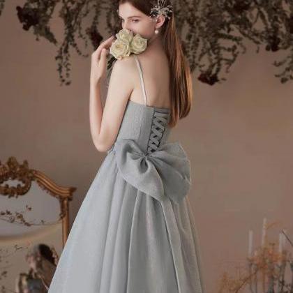 Silver Gray Prom Dress, Spaghetti Strap Starry..