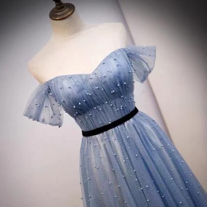 Blue Evening Dress, Off Shoulder Evening Dress..