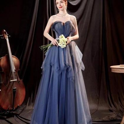 Stylish Prom Dress, Blue Party Dress, Strapless..