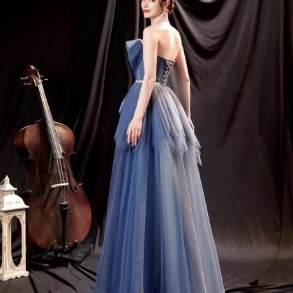Stylish Prom Dress, Blue Party Dress, Strapless..