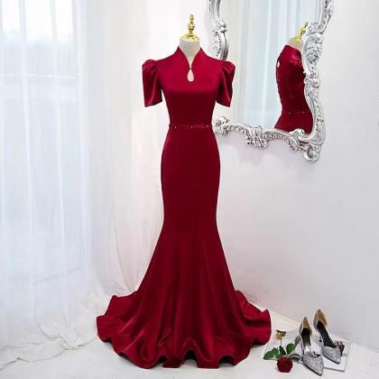 Burgundy Evening Dress, Fishtail Satin Prom Dress,..