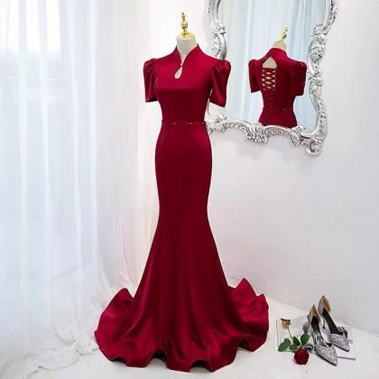 Burgundy Evening Dress, Fishtail Satin Prom Dress,..